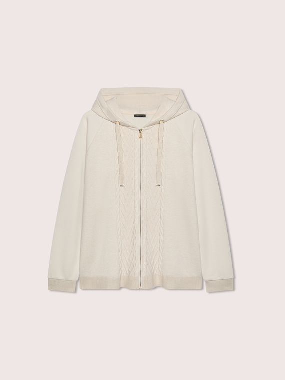 Open cardigan with hood and cable knit