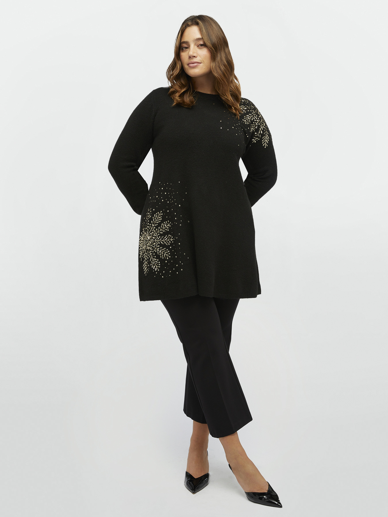 Long sweater with snow flake embroidery image number 1