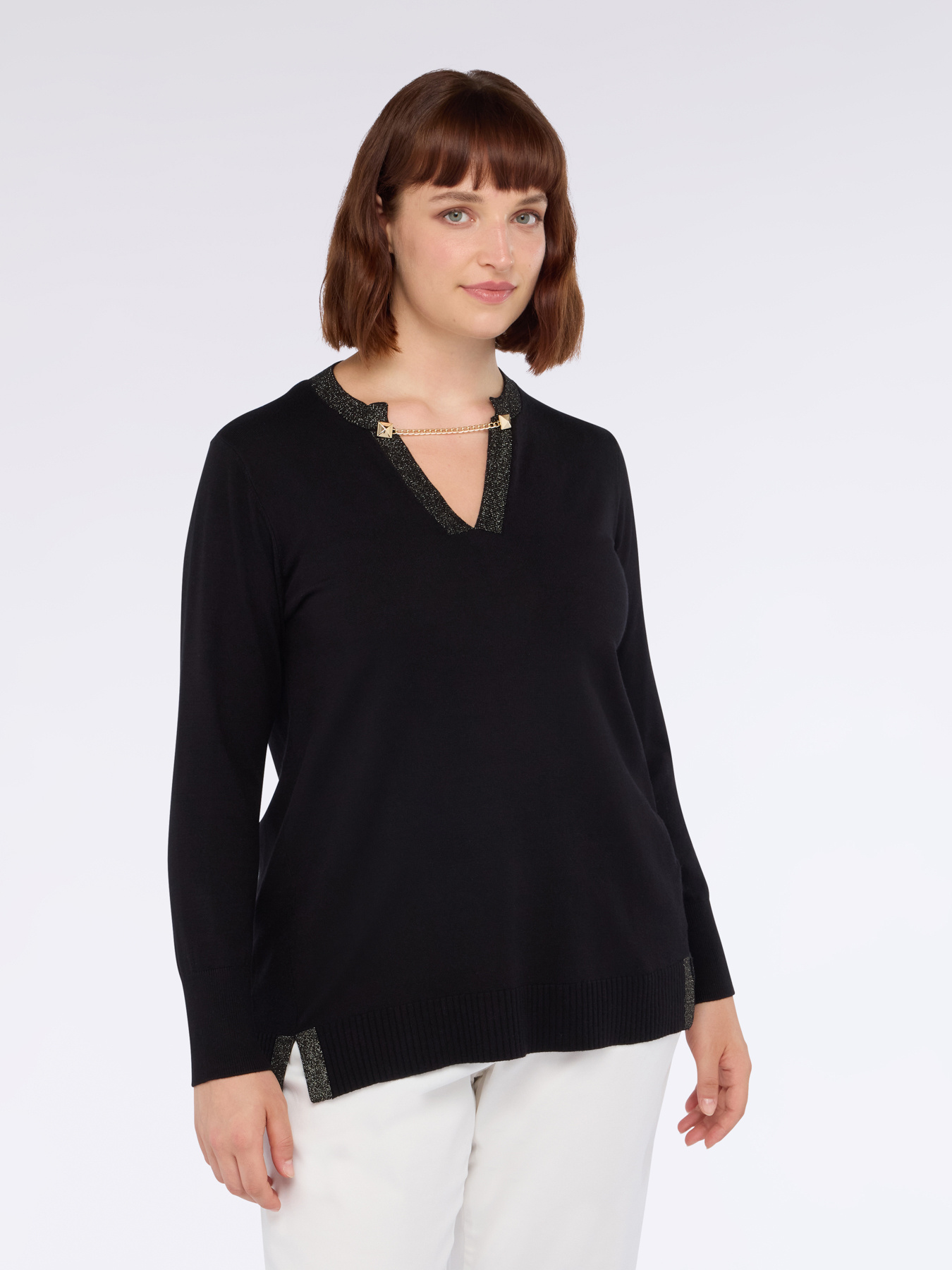 Sweater with chain detail on V-neck image number 2