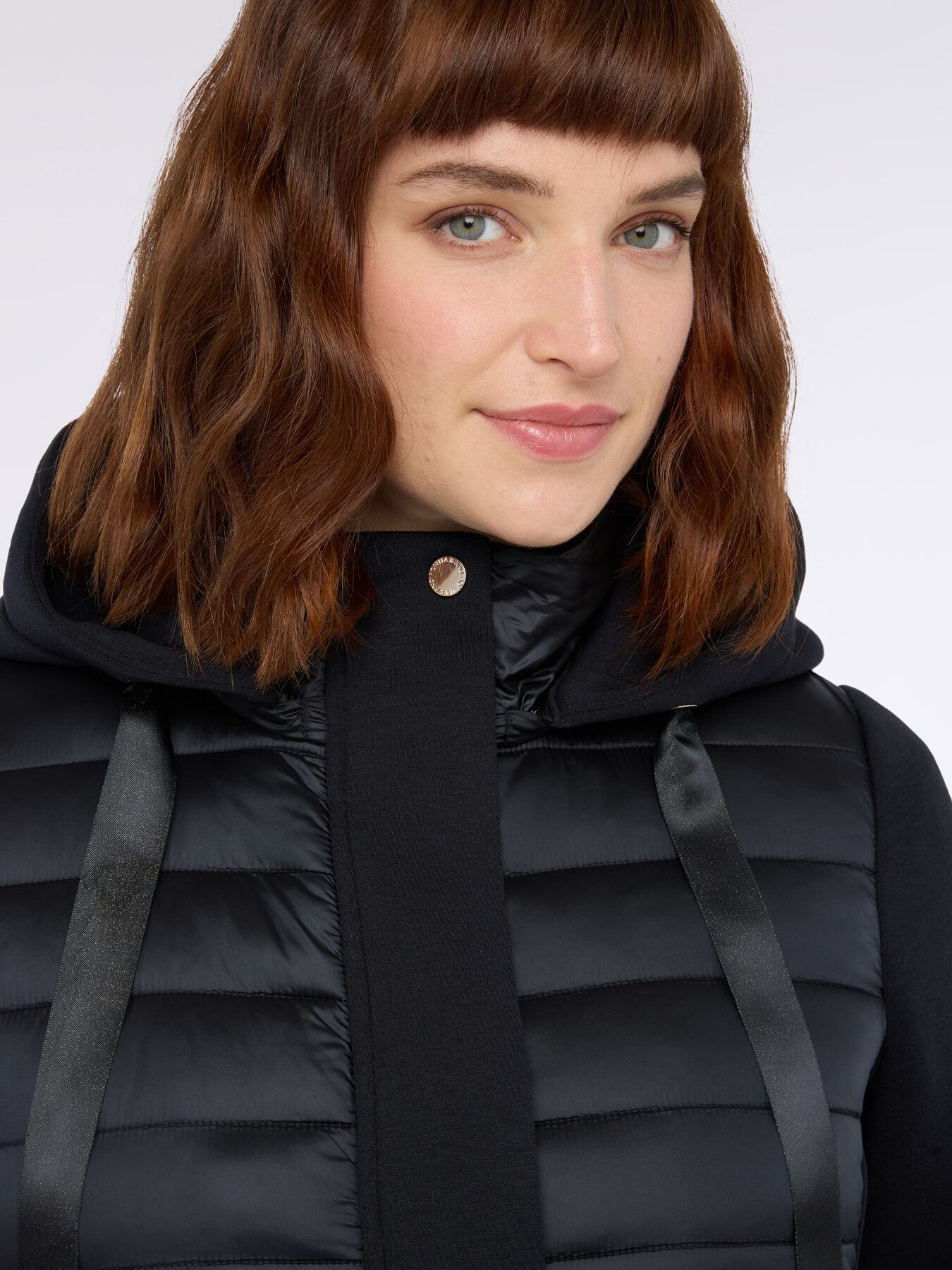 Long bi-material down jacket with hood image number 2