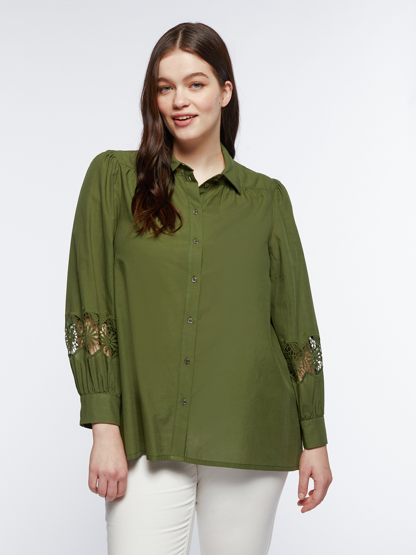 Camicia in cotone con pizzo sulle maniche image number 2
