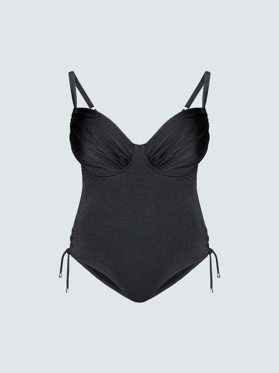 One-piece swimsuit with ruffles and side ties
