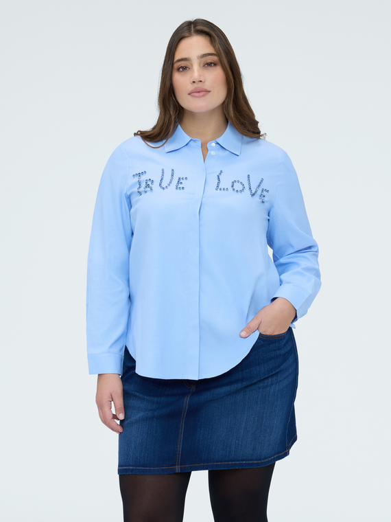 Shirt with rhinestone lettering