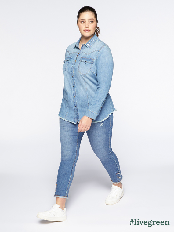 Denim shirt with embroidered collar
