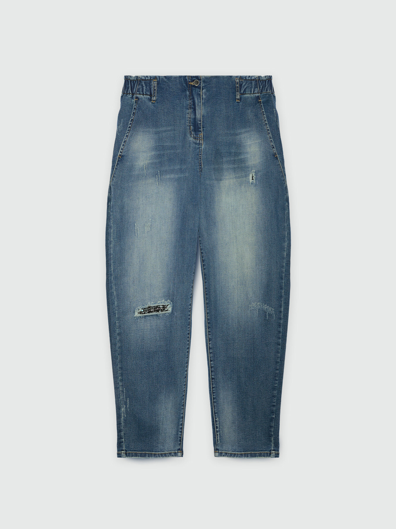 Jeans balloon strappo davanti con tessuto tweed image number 4