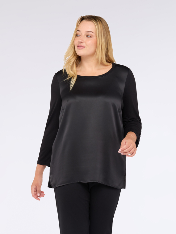 Two-material T-shirt with three-quarter sleeves in satin and jersey