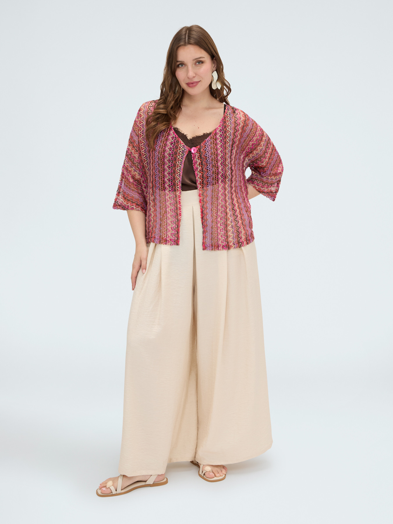 Short striped crochet-effect kimono image number 3