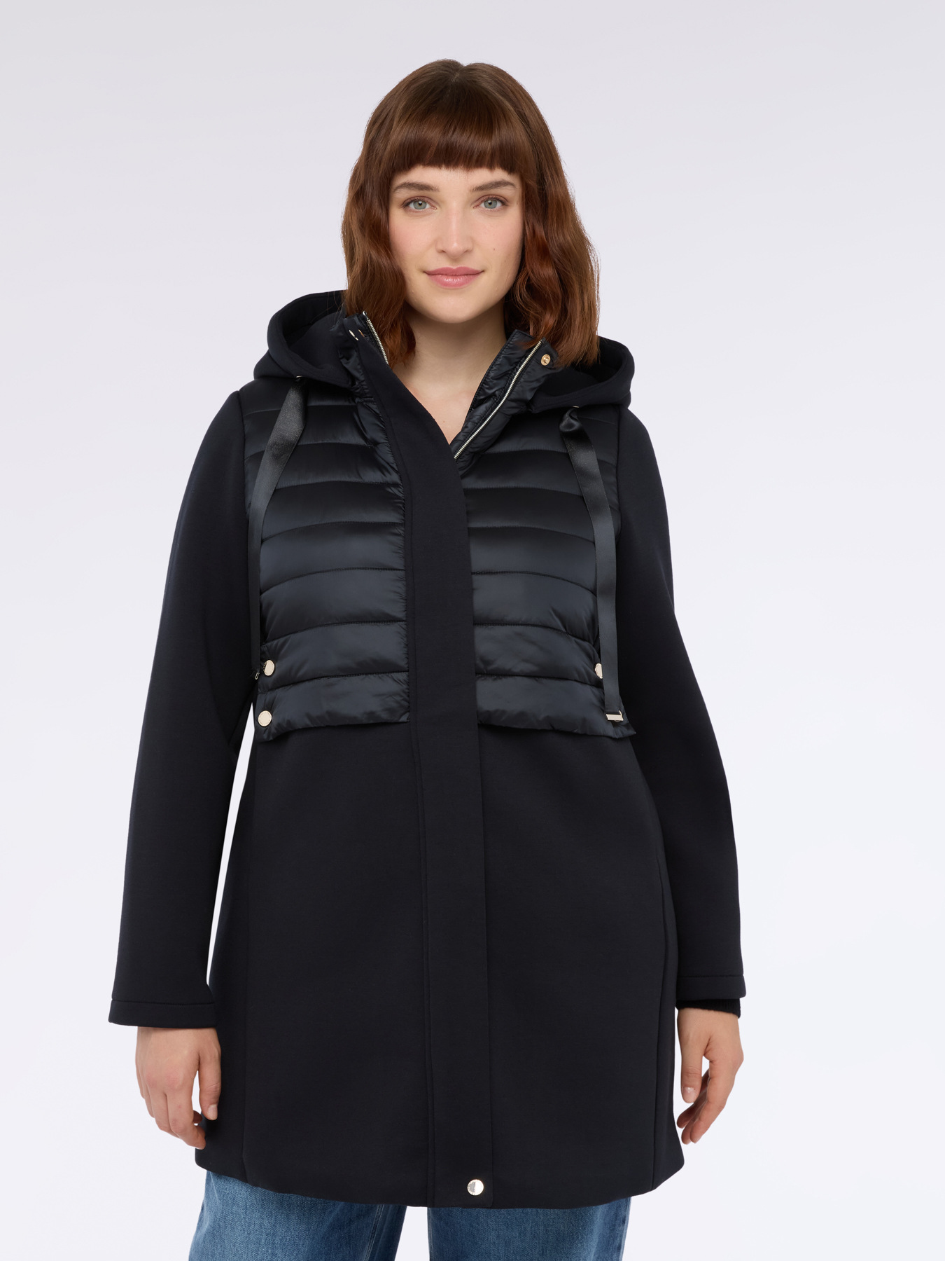 Long bi-material down jacket with hood image number 3