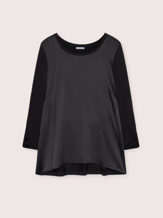 Two-material T-shirt with three-quarter sleeves in satin and jersey