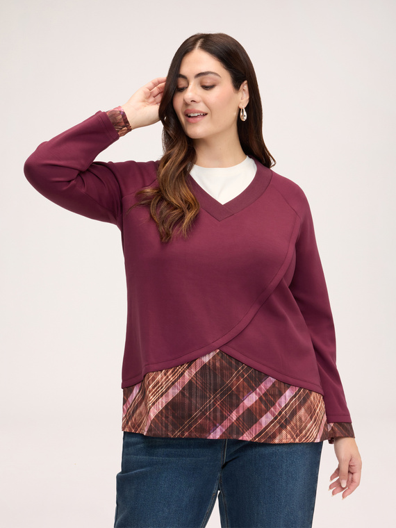 V-neck sweatshirt with check print insert