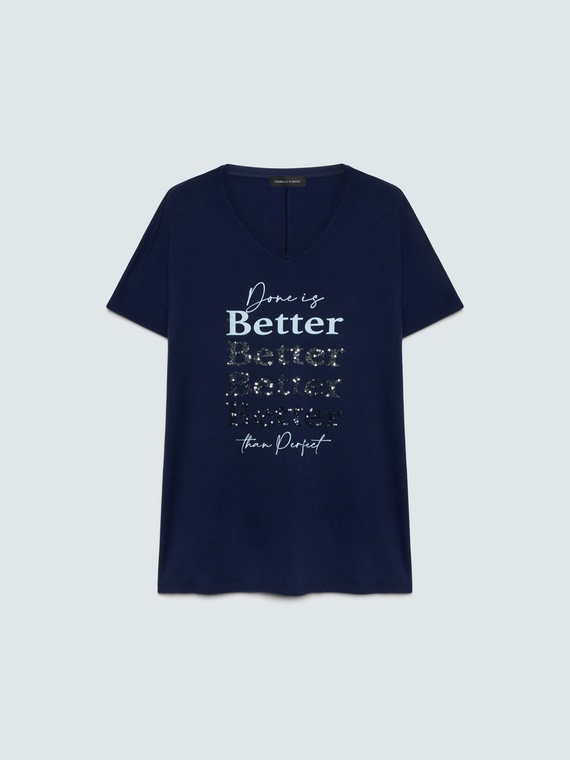 T-shirt in viscosa con scritta e paillettes - vista alternativa | Fiorella Rubino
