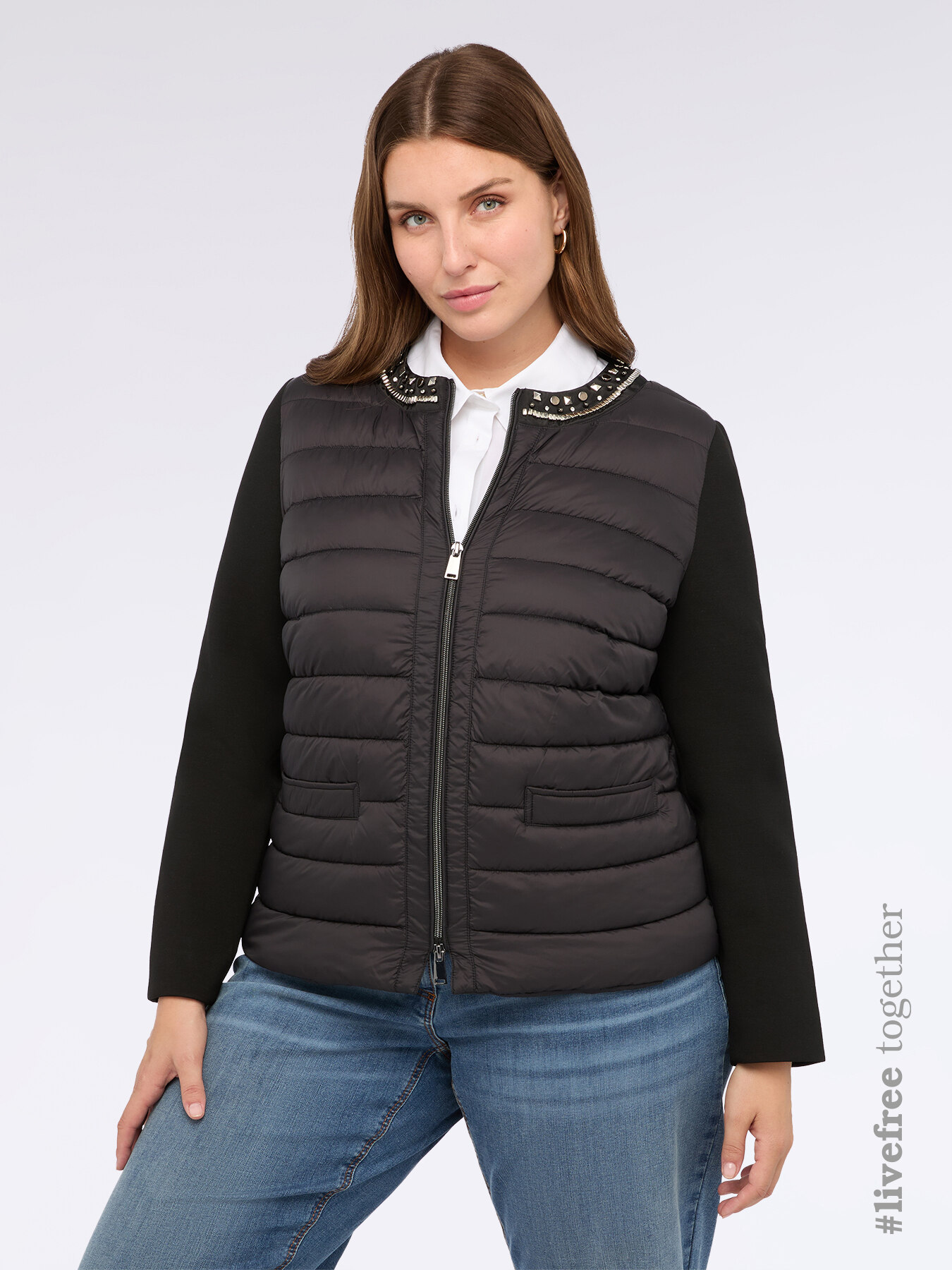 Two-material down jacket with jewel detail and Sorona® Aura padding image number 0