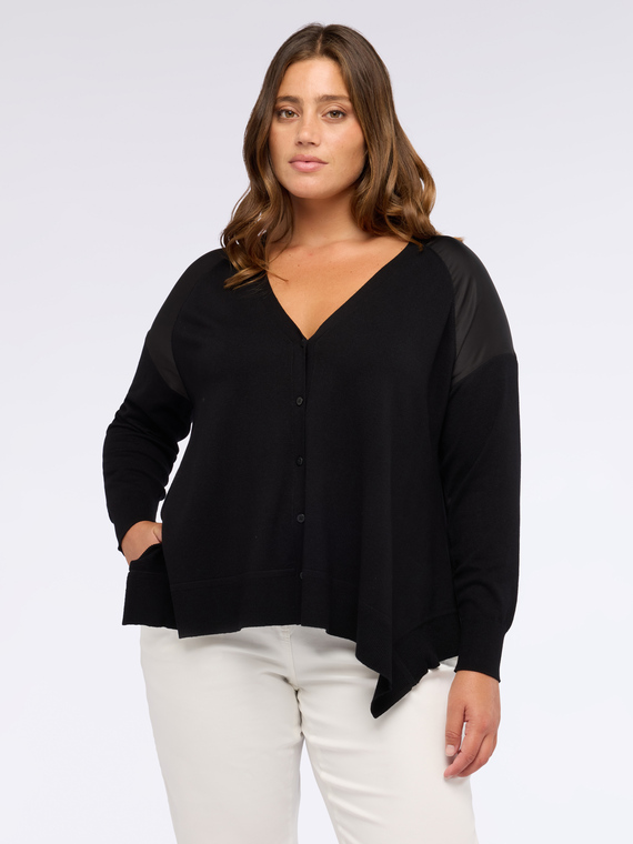 Fiorella Rubino - Cardigan scollo a V con inserti in raso Donna, Nero Taglia: S (48-50 IT)