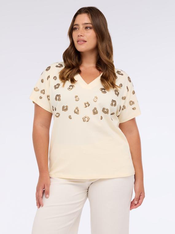 T-shirt en jersey de coton avec paillettes motif animalier