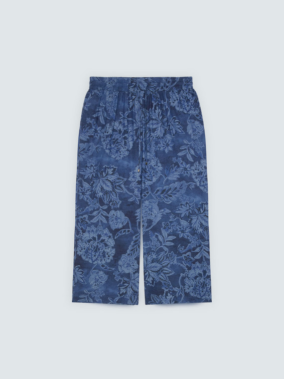 Cropped chambray trousers with print
