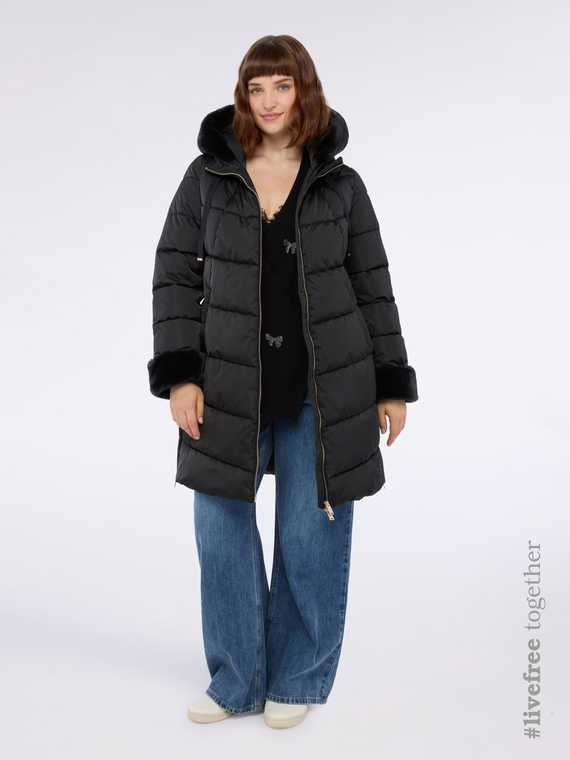Long down jacket with hood and plush insert