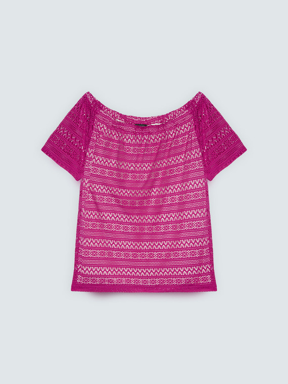 Striped lace T-shirt with boat neckline