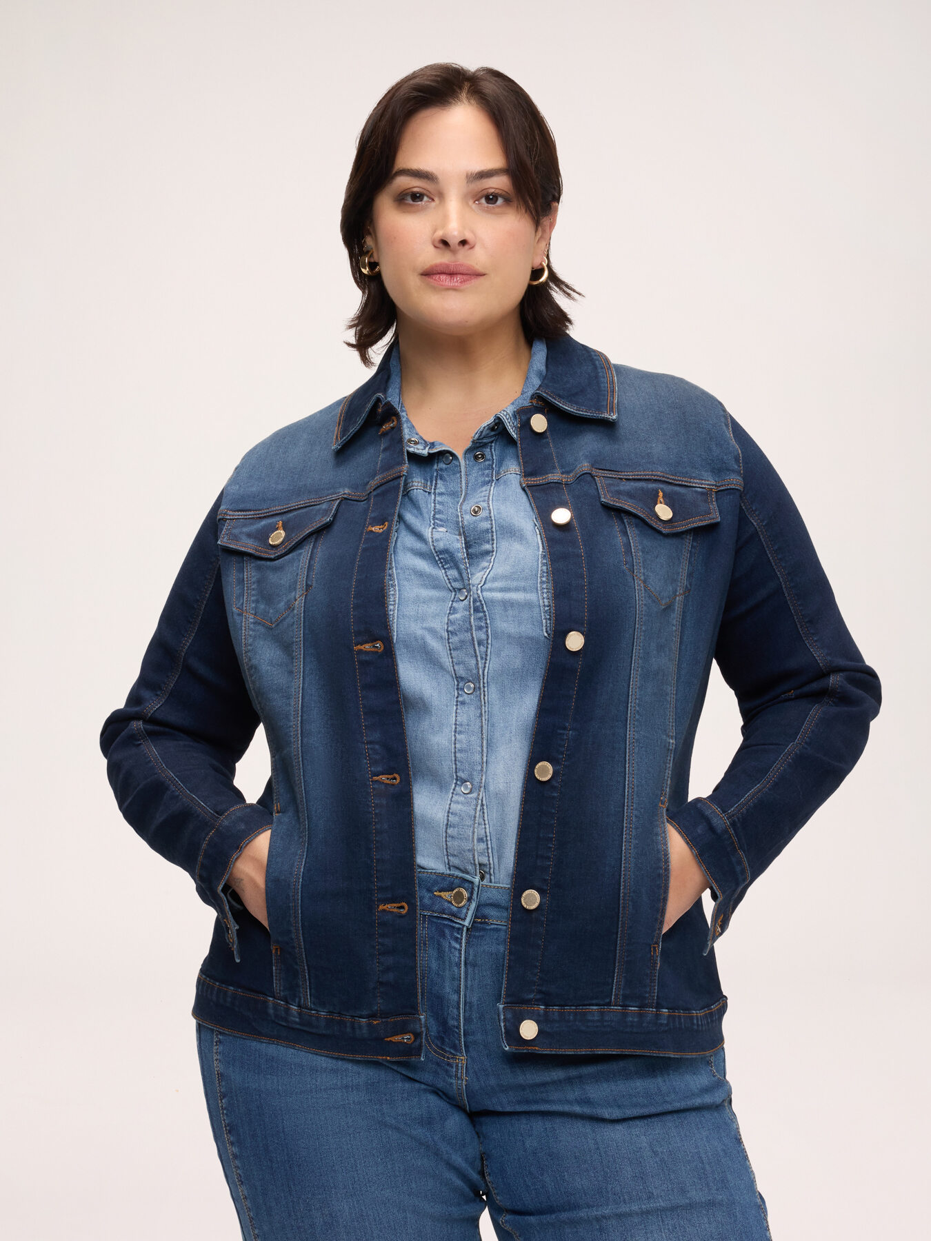 Denim jacket with floral brooch image number 0