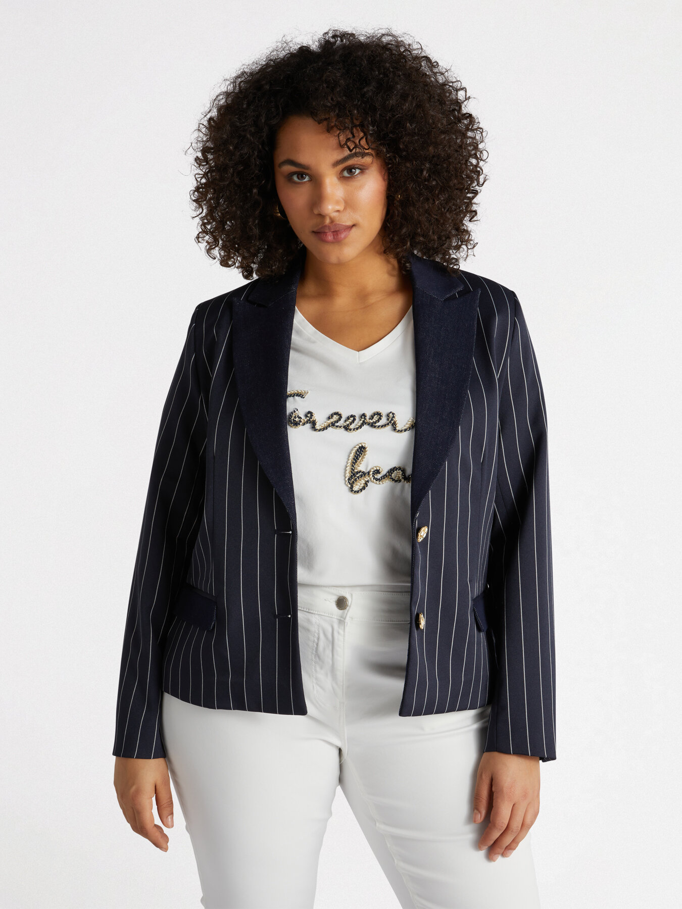 Pinstriped blazer with denim details image number 2