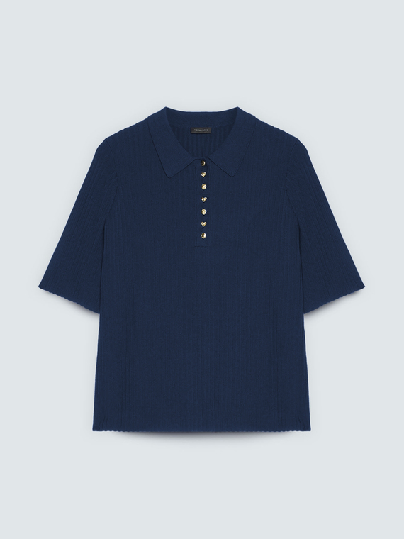 Ribbed knit polo with decorative buttons