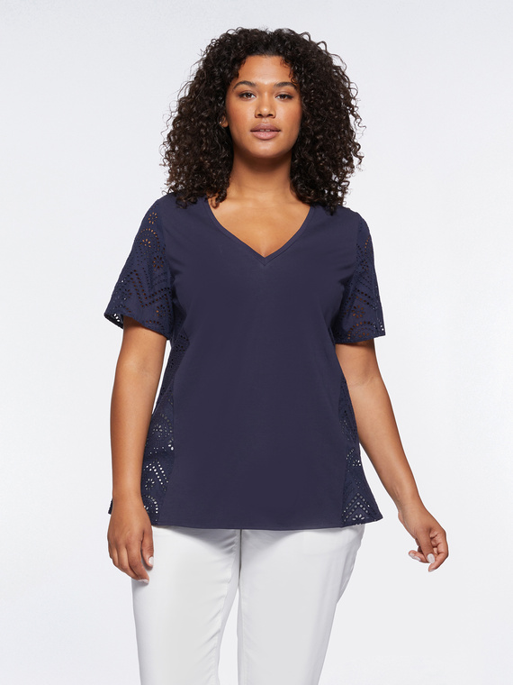 Fiorella Rubino - T-shirt con inserti in sangallo Donna, Blu Taglia: XL (60-62 IT)
