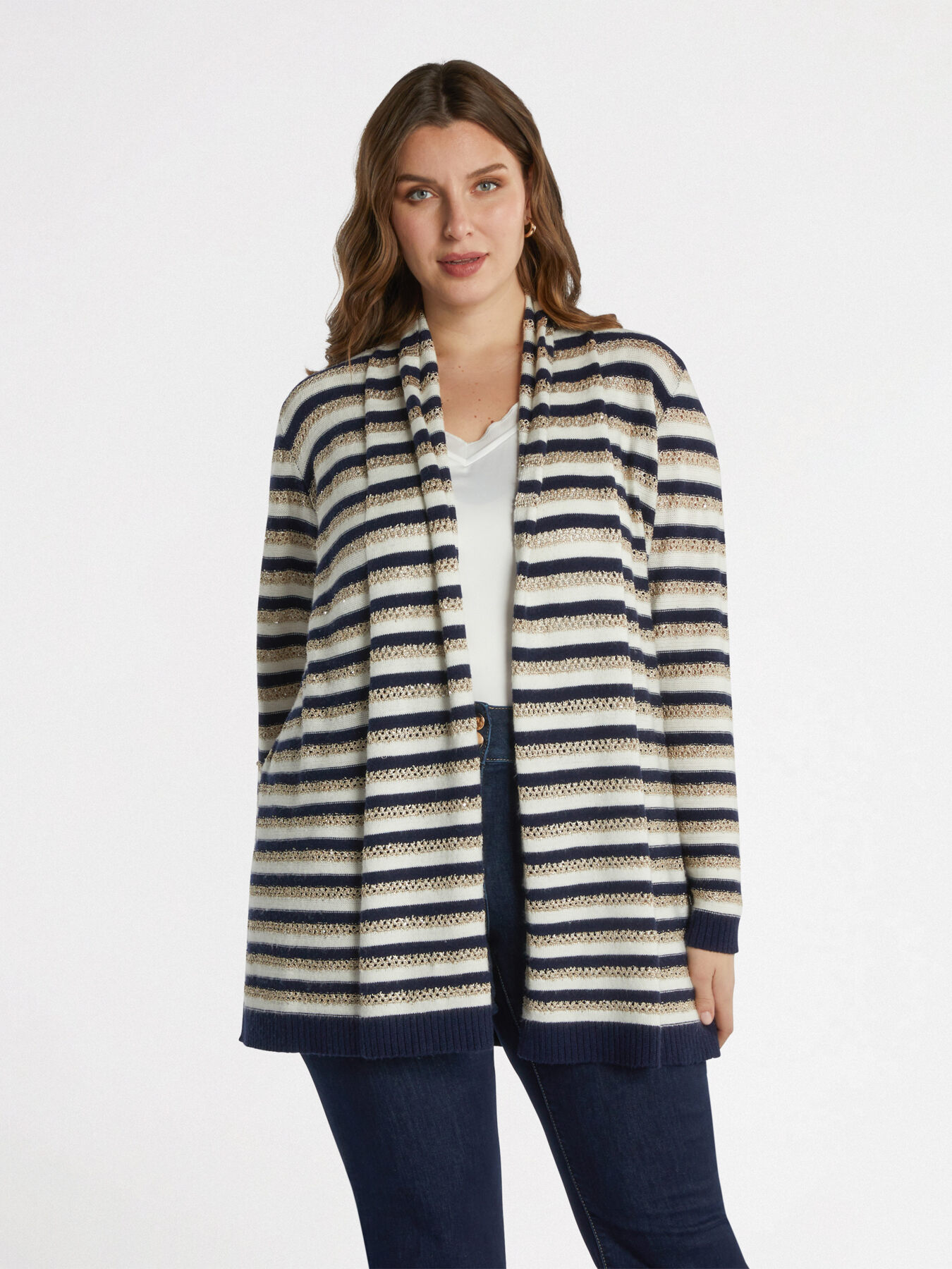 Gestreifter Maxi-Cardigan mit Mikro-Pailletten image number 0