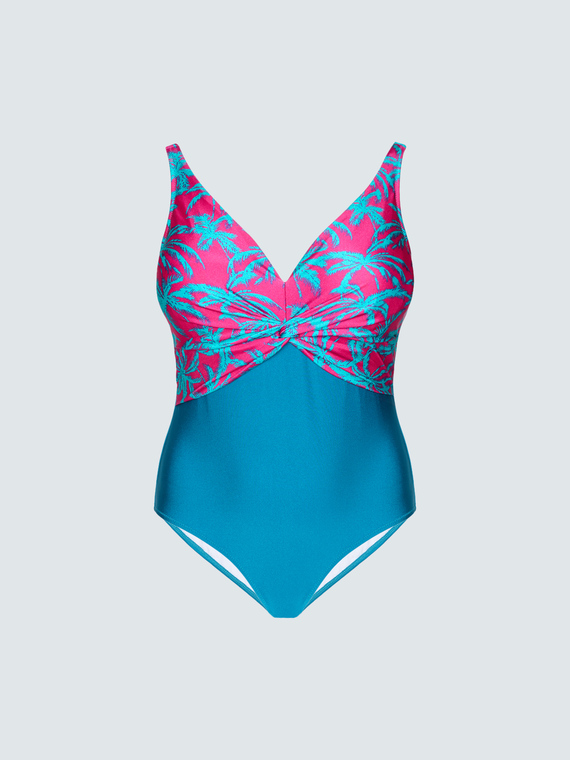Crossover one-piece swimsuit tropical print