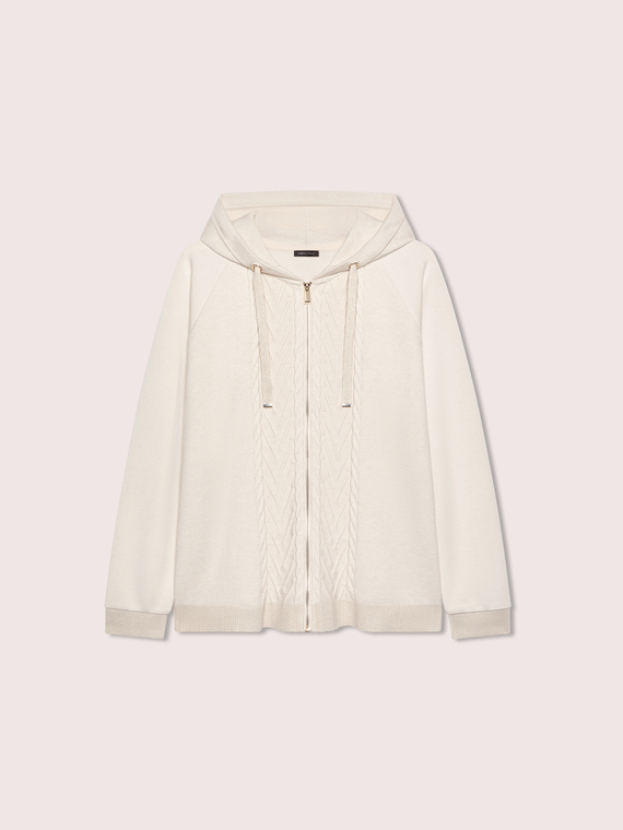 Offene Strickjacke mit Kapuze und Zopfmuster