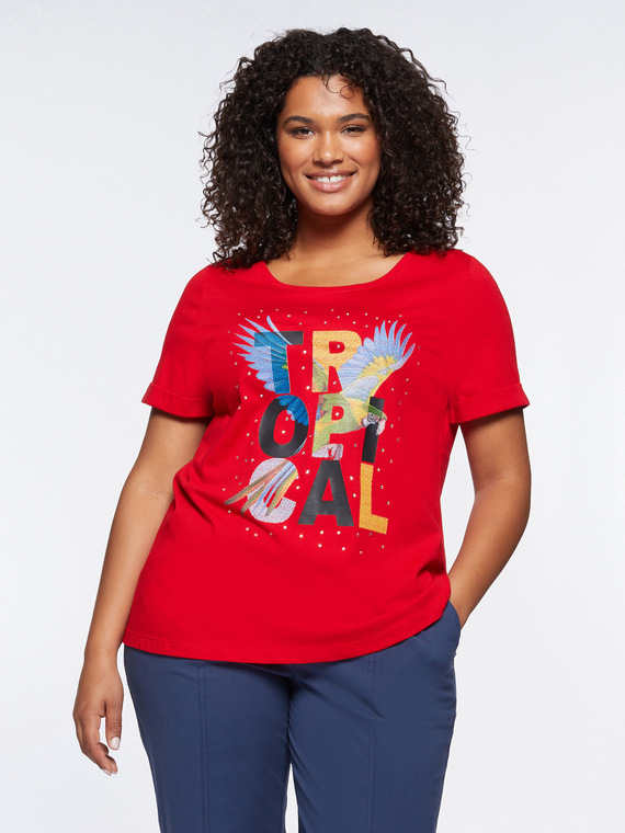Fiorella Rubino - T-shirt con stampa tropicale Donna, Rosso Taglia: M (52-54 IT)