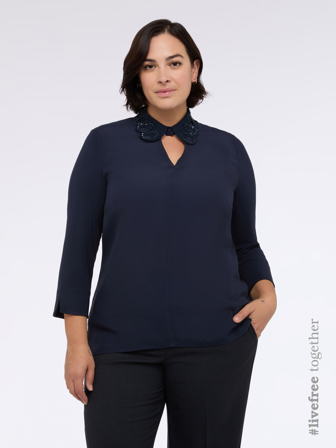 Two-material T-shirt with precious collar image number 0