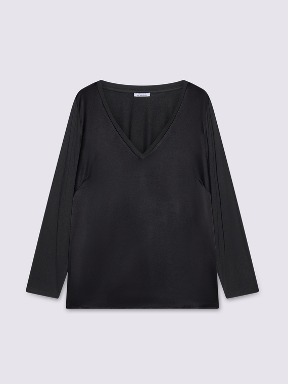 Two-material V-neck T-shirt with long sleeves