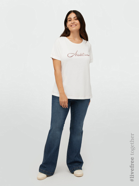 Fiorella Rubino - T-shirt con scritta ricamata in cristalli Donna, Bianco Taglia: M (52-54 IT)