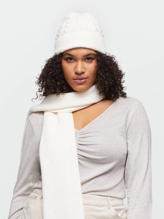 Fiorella Rubino - Cappello in tricot con micro paillettes Donna, Bianco Taglia: 02