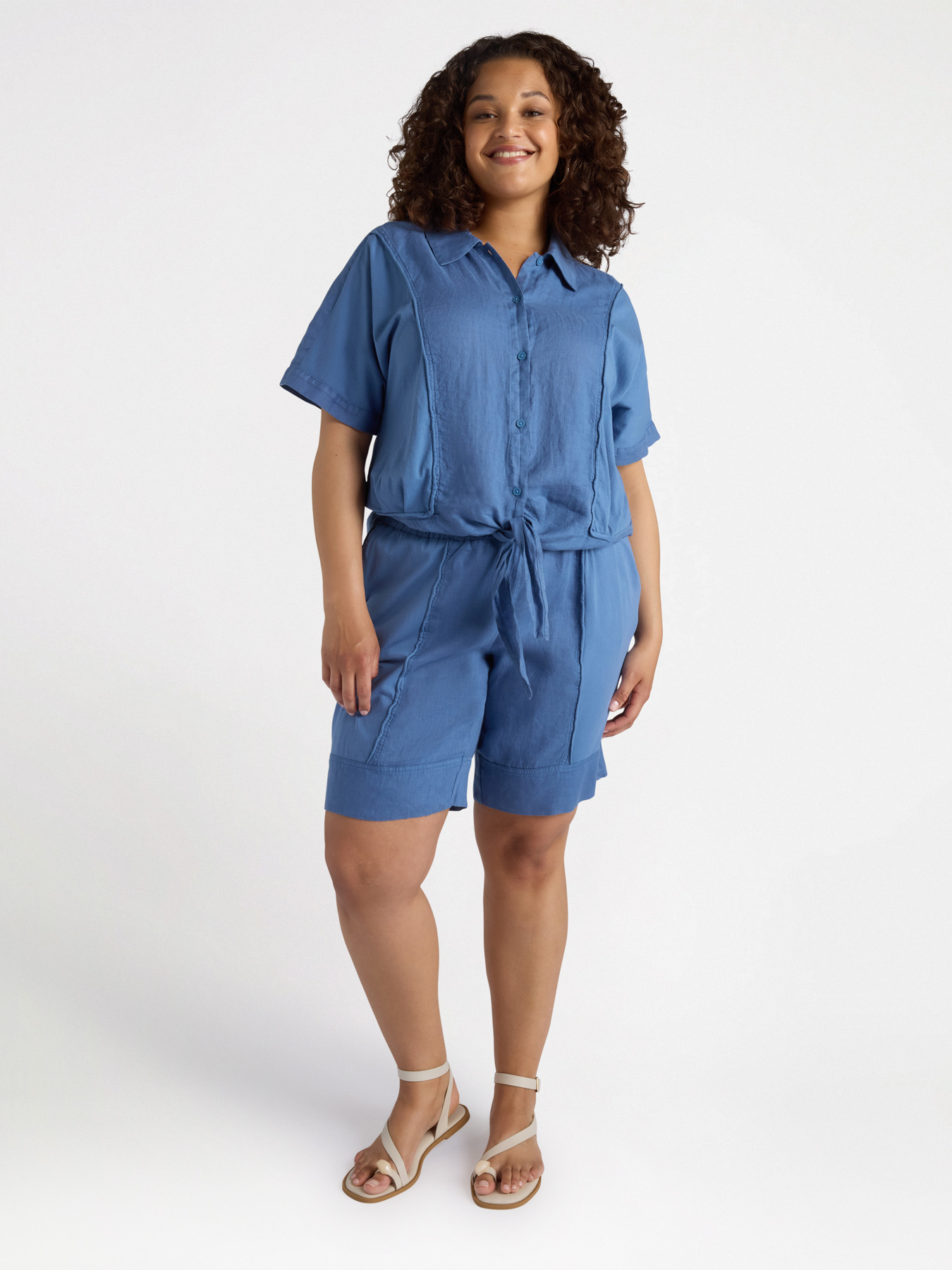 Pantalon court en lin et jersey de coton image number 0