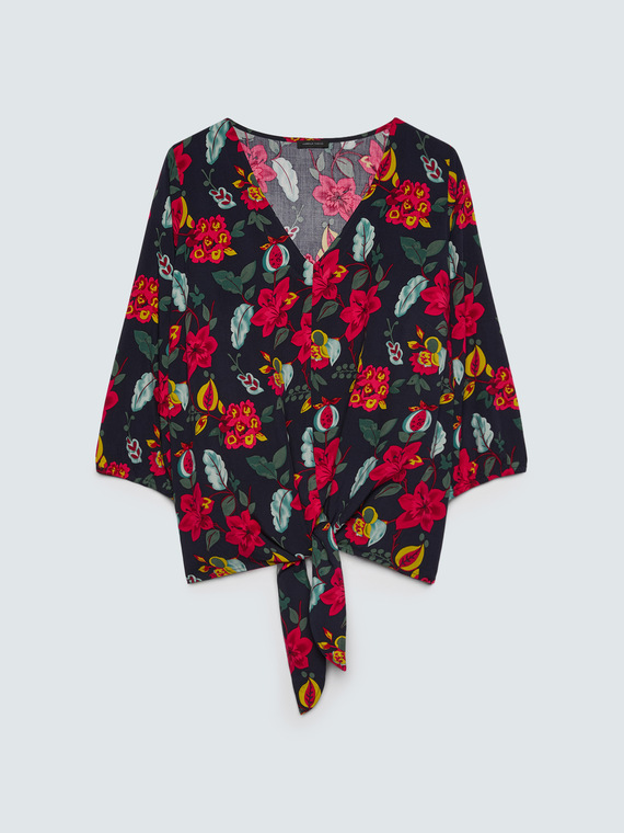 Floral print viscose blouse with knot