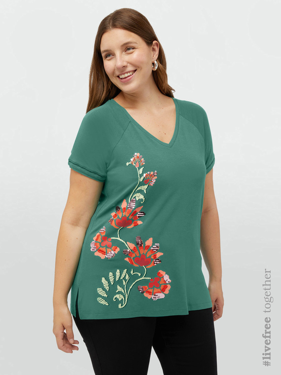 Fiorella Rubino - T-shirt con ricamo in viscosa LENZING™ ECOVERO™ Donna, Verde Taglia: L (56-58 IT)