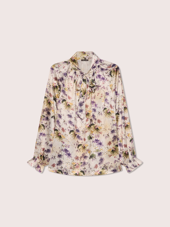 Satin blouse with floral print and bow