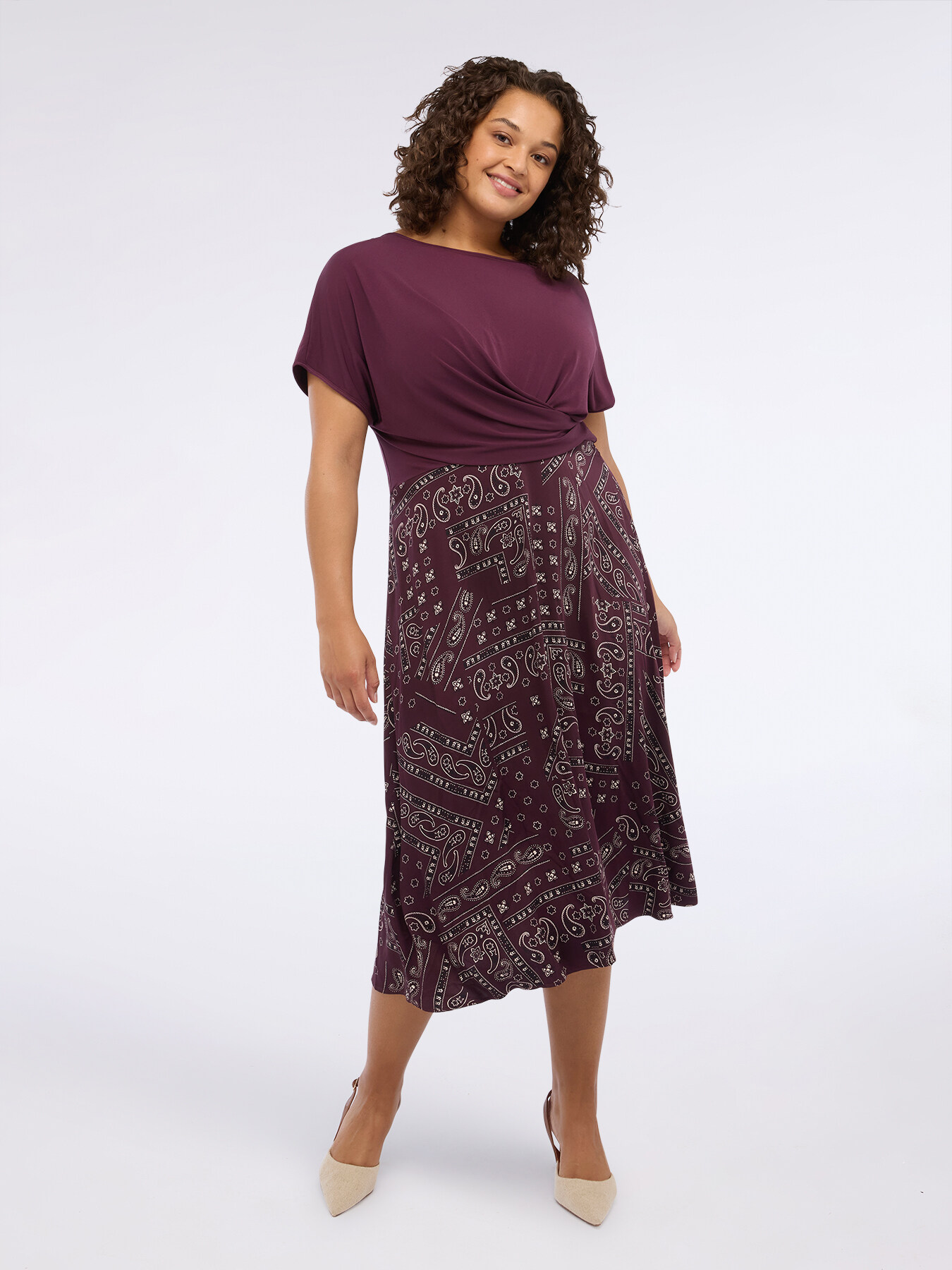 Vestito flare bimaterico con stampa image number 2