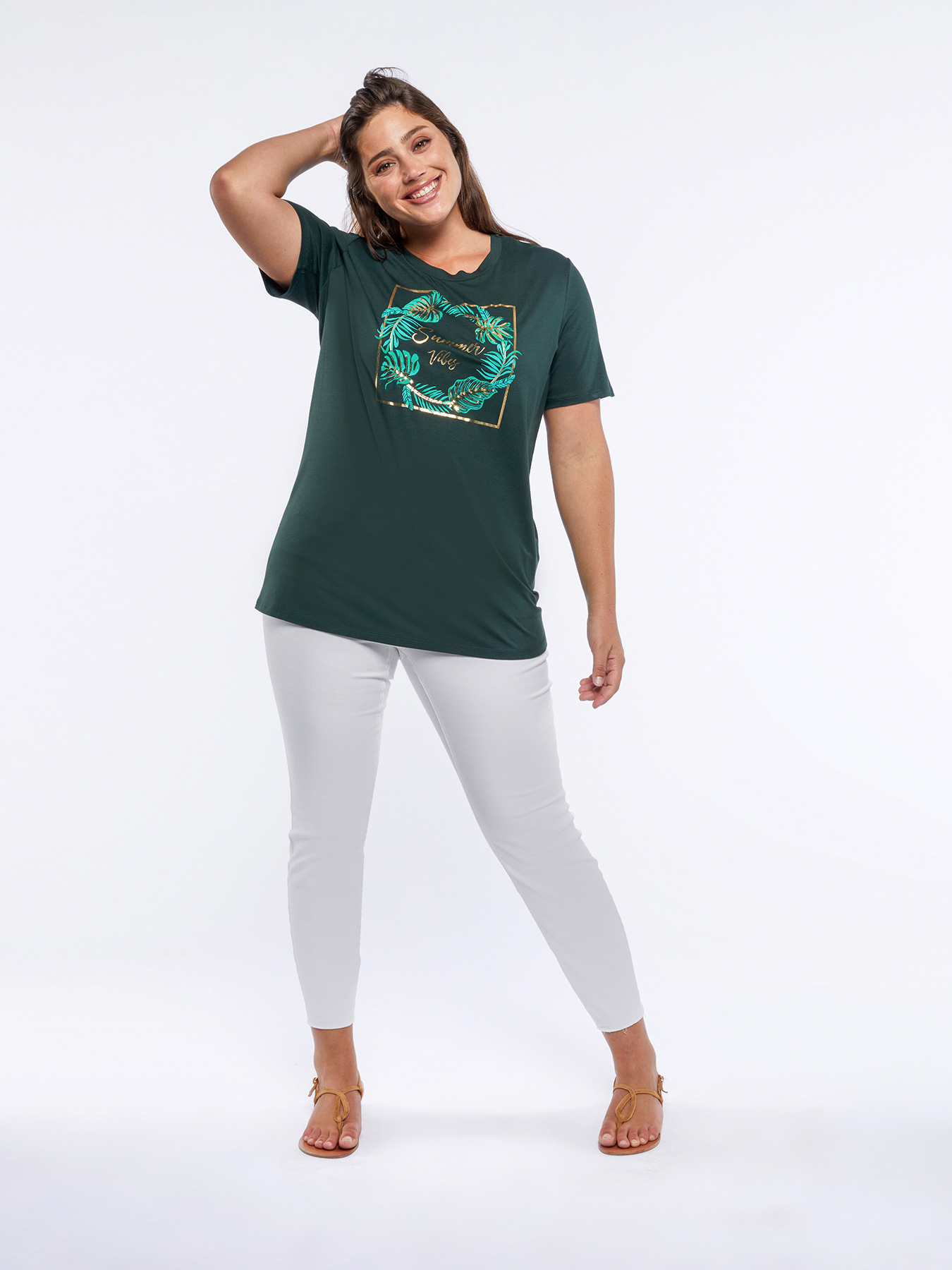 T-Shirt mit Bl&auml;tterdruck und Stickerei image number 2