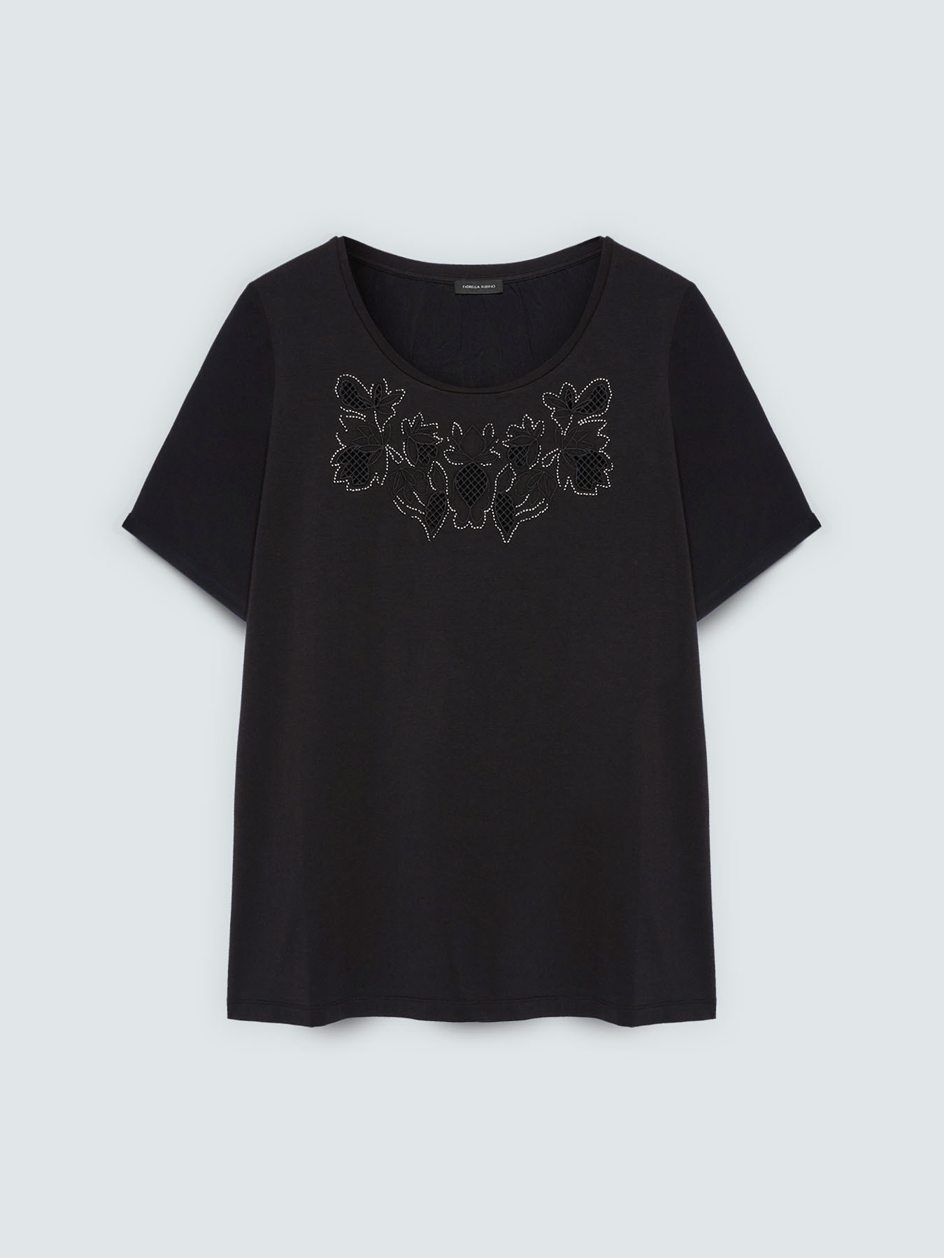 Bi-material t-shirt with floral embroidery image number 1