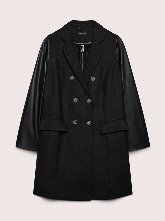 Manteau en laine m&eacute;lang&eacute;e avec manches en tissu enduit