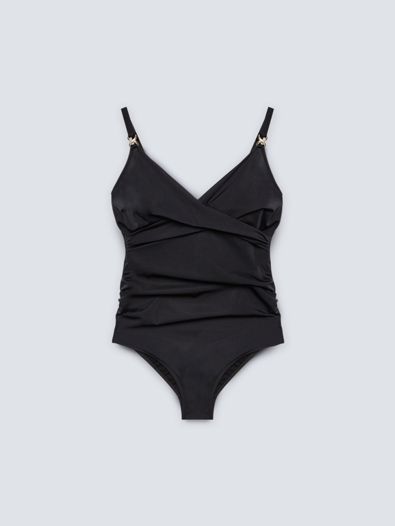 Black one-piece swimsuit with metal loops
