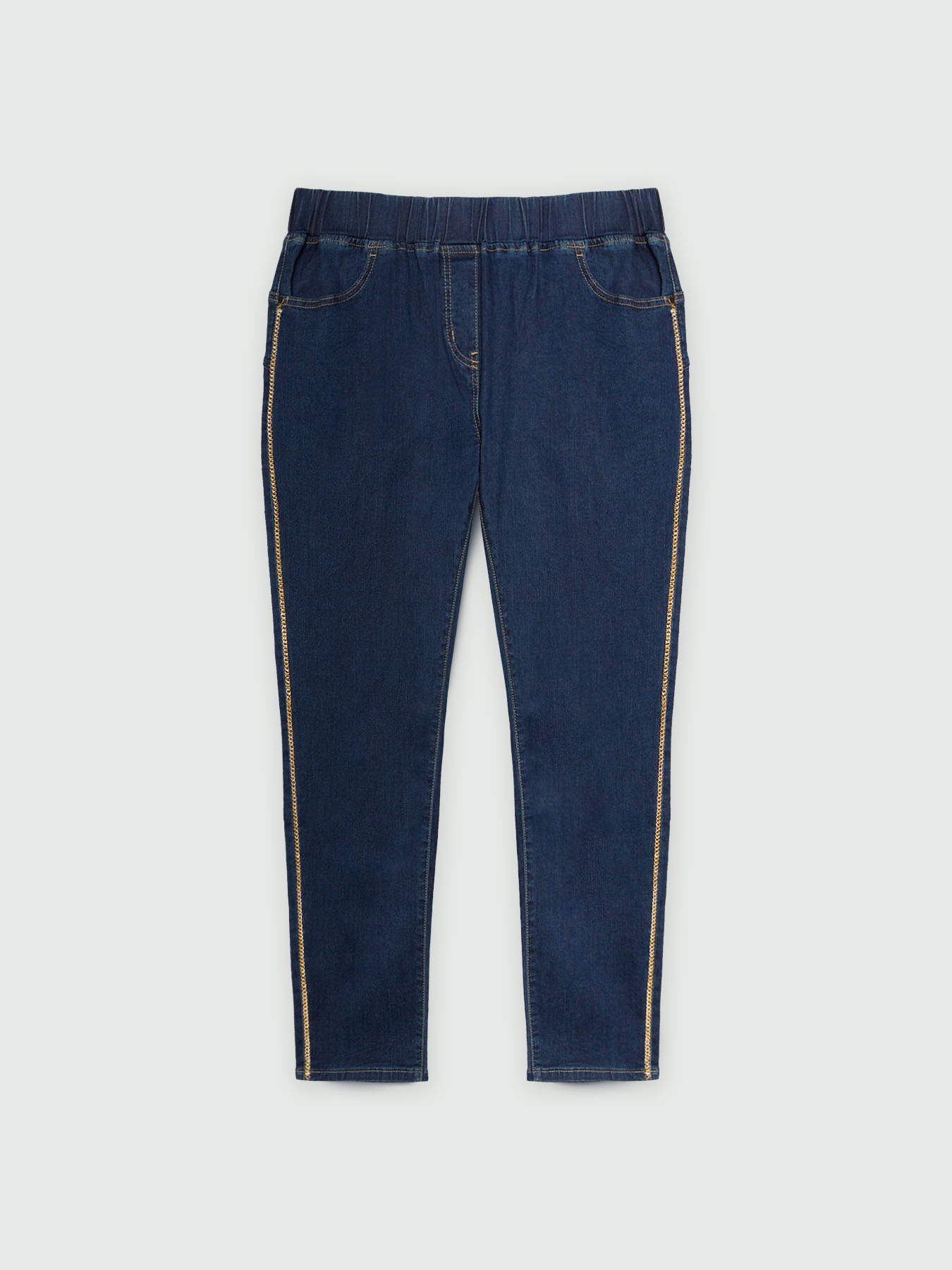 Jeggings lavaggio dark blue con profili dorati image number 4