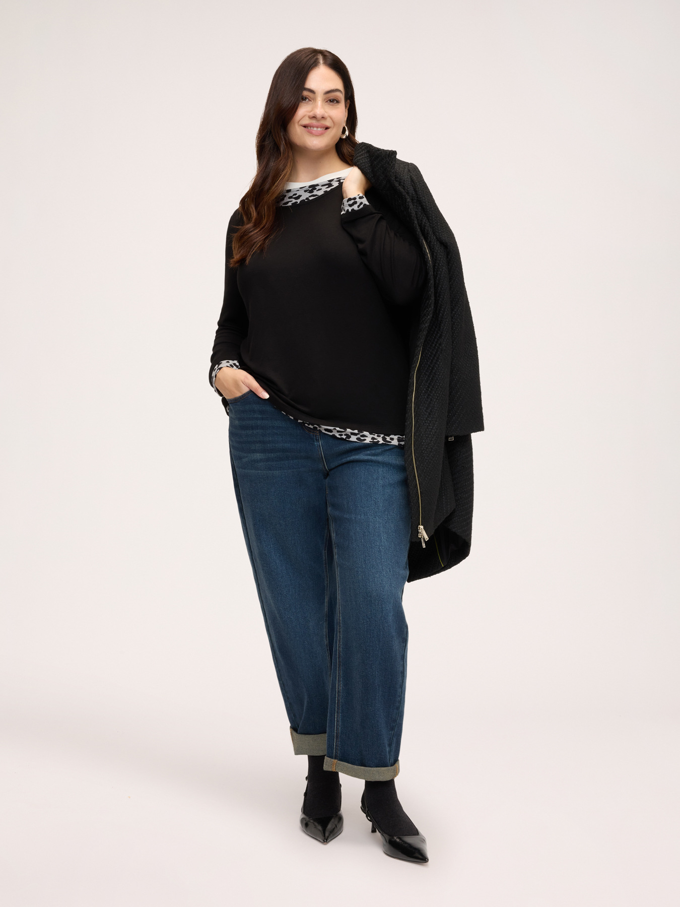 Bi-material T-shirt with animal print image number 2