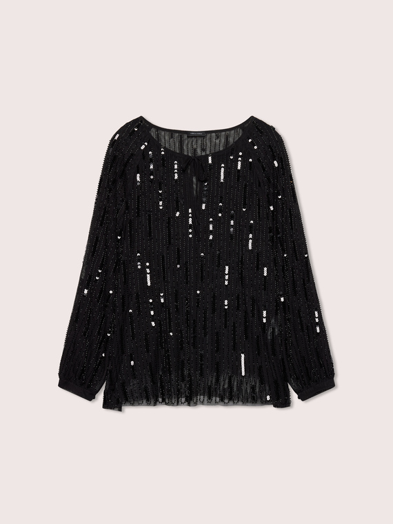 Sequin blouse with bow neckline