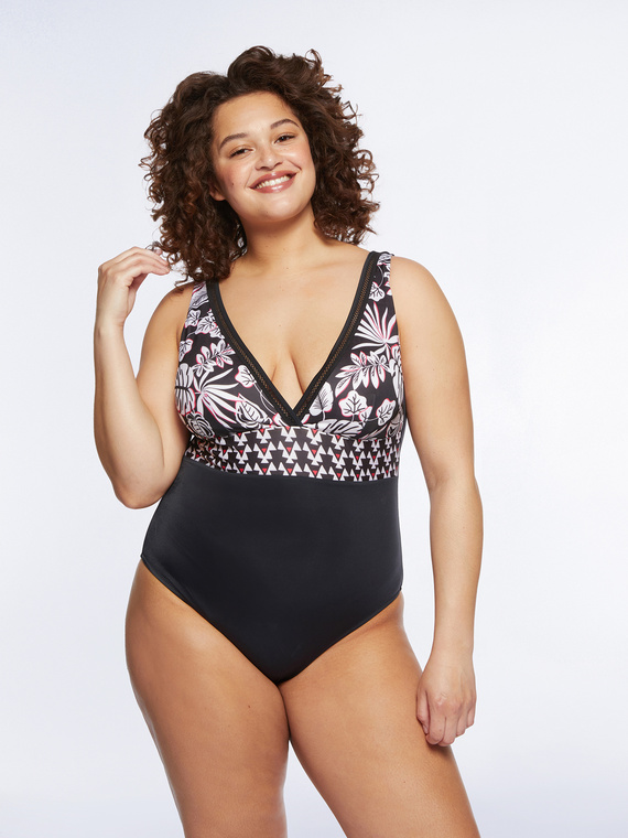 One-piece swimsuit with foliage print