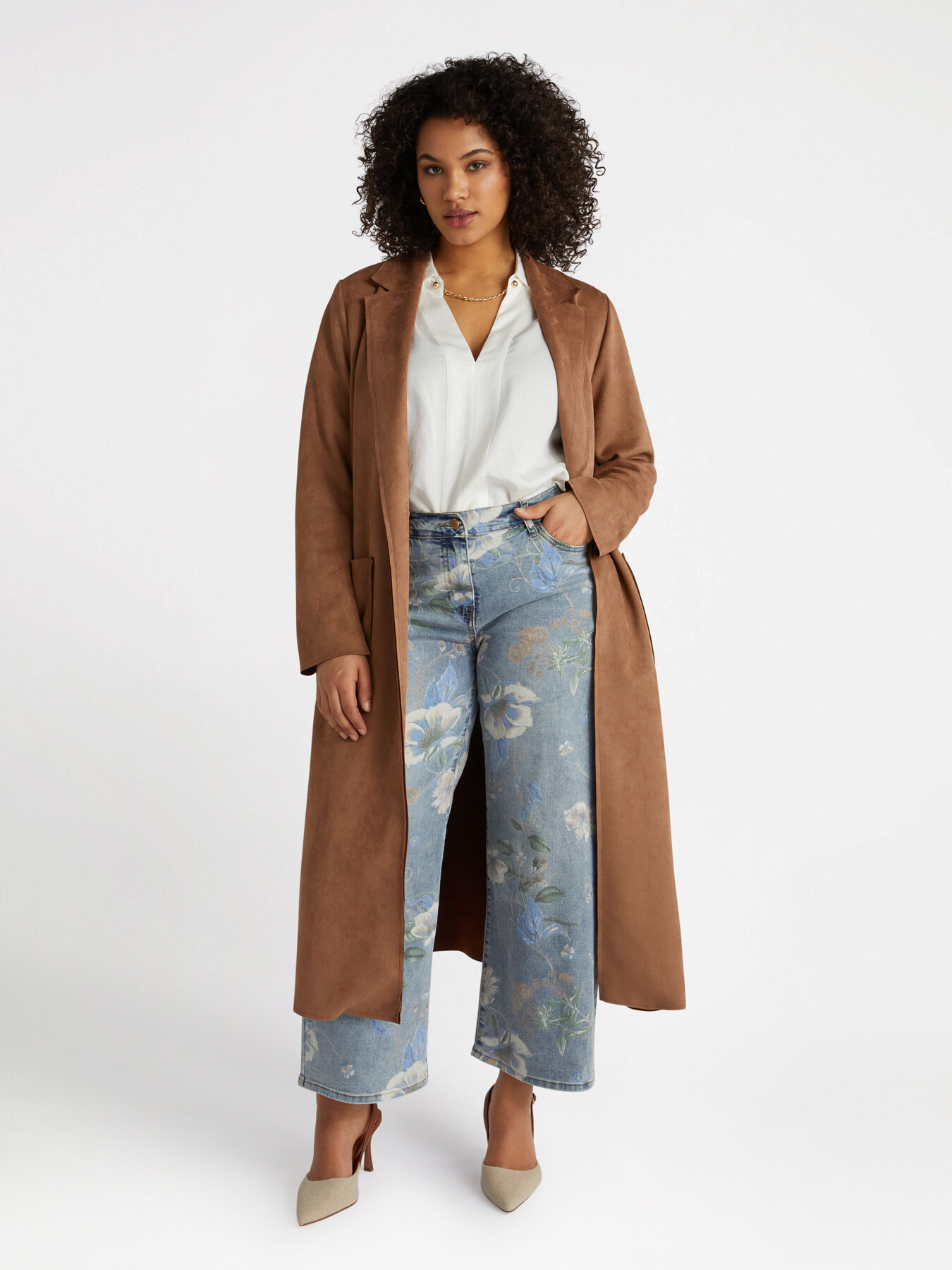 Long soft touch trench coat open in front image number 0