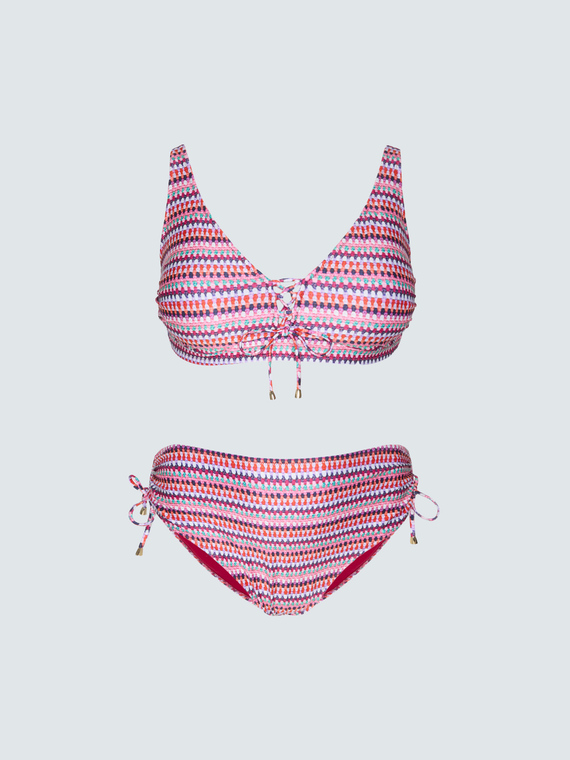 Two-piece bikini with multicolor print and ties