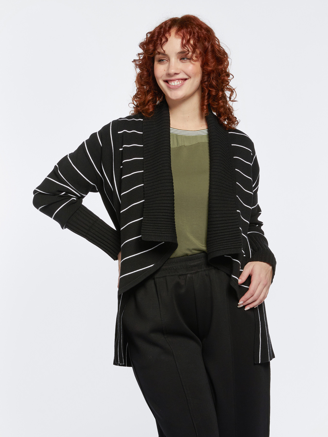 Striped cardigan with knitted collar image number 0