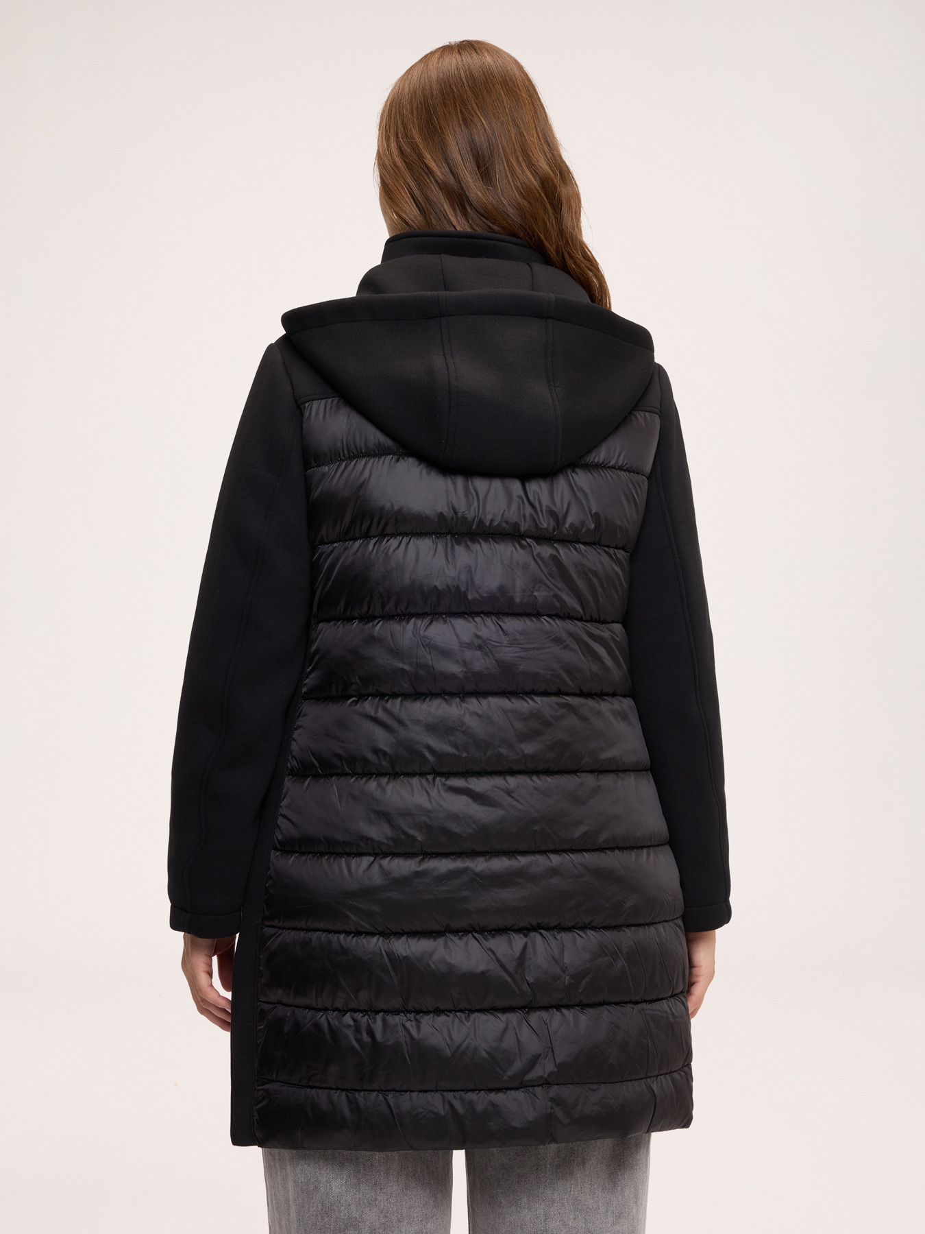 Bi-material down jacket with hood image number 1
